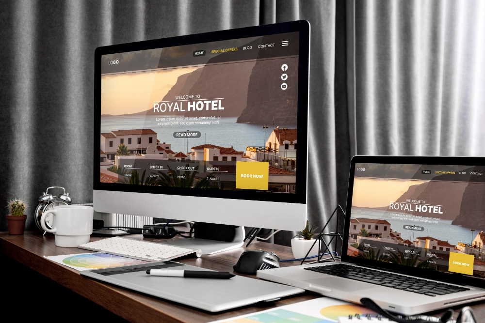 Diseñador web revisando la página de un hotel en distintos dispositivos para optimizar su posicionamiento